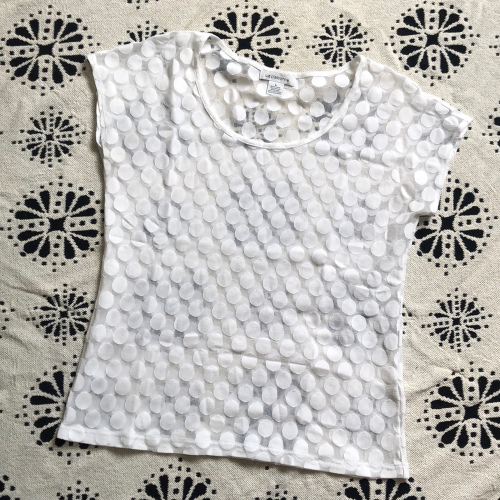 White Mesh Polka Dot Liz Claiborne Top Sz L